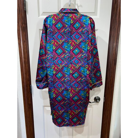 Vintage Adolfo Classics Womens Satin Pajama Shirt With Retro Geometric Print & C - Picture 8 of 10